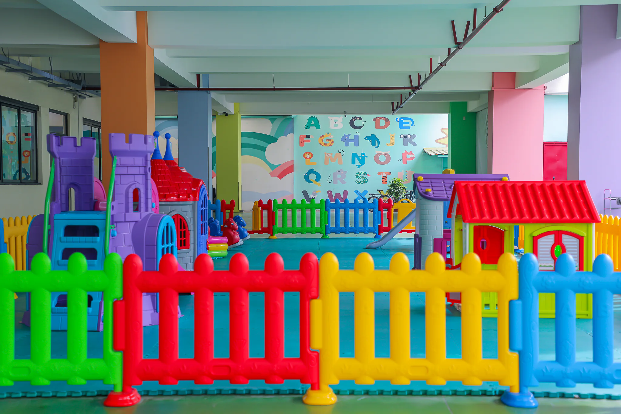 Wide view of the colorful Little Scholars playground